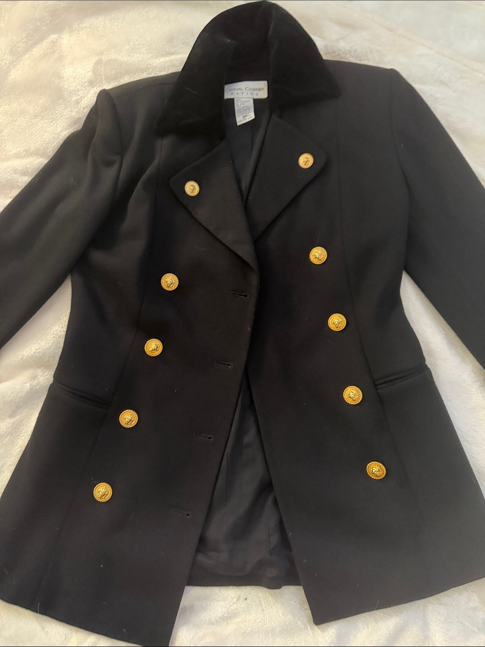 Casual Corner Black Double-Breasted Peacoat with Gold Buttons